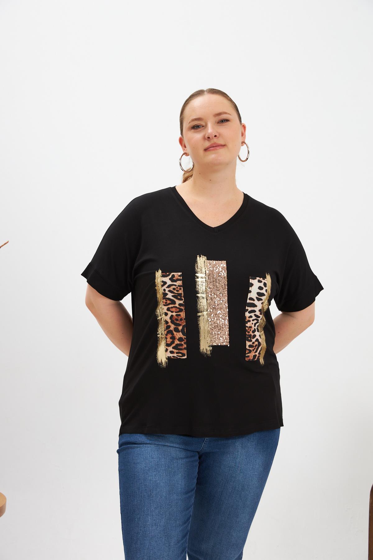 Leopar Ve Pul Payet Garnili Büyük Beden Tişört Siyah