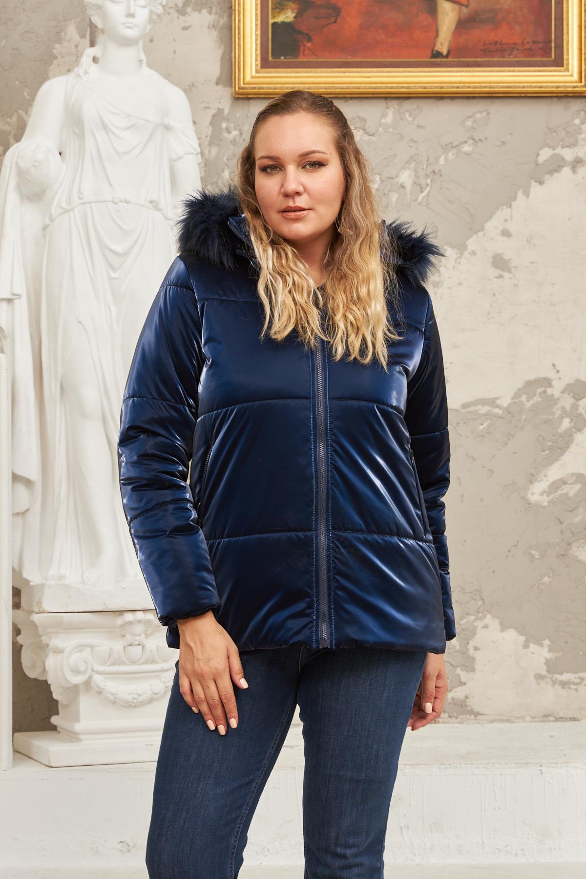 Kapşonlu Parlak Kumaş Büyük Beden Lacivert Şişme Mont