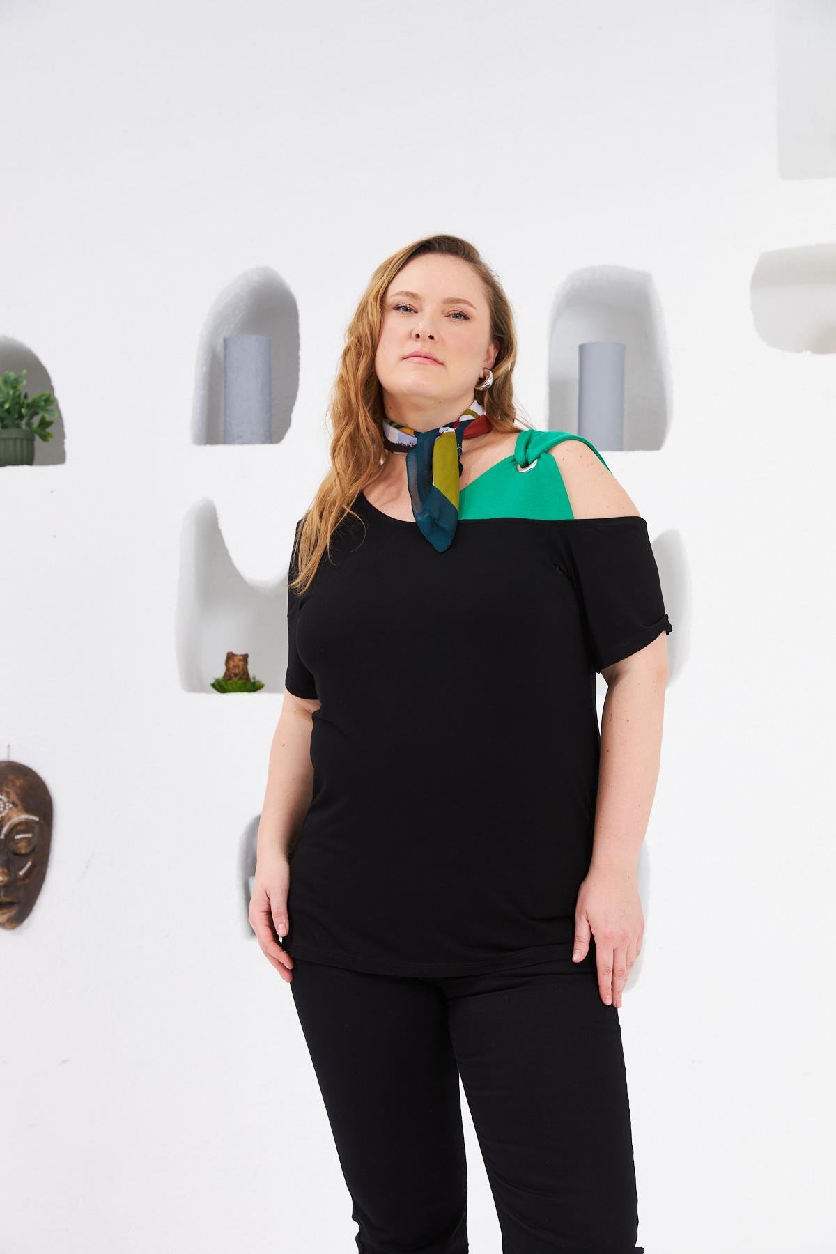 Omuz Detaylı Büyük Beden Tişört Yeşil