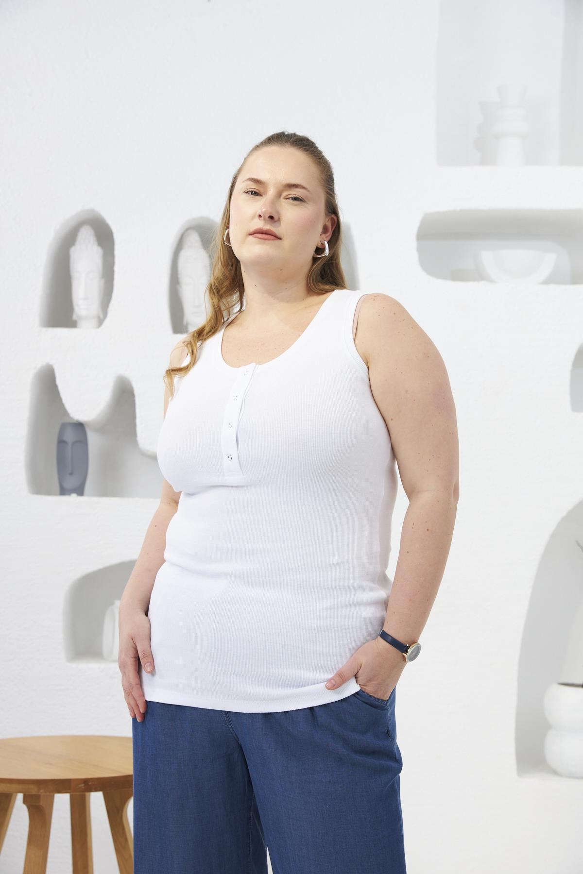 Ön Çıtçıtlı Büyük Beden Atlet Beyaz