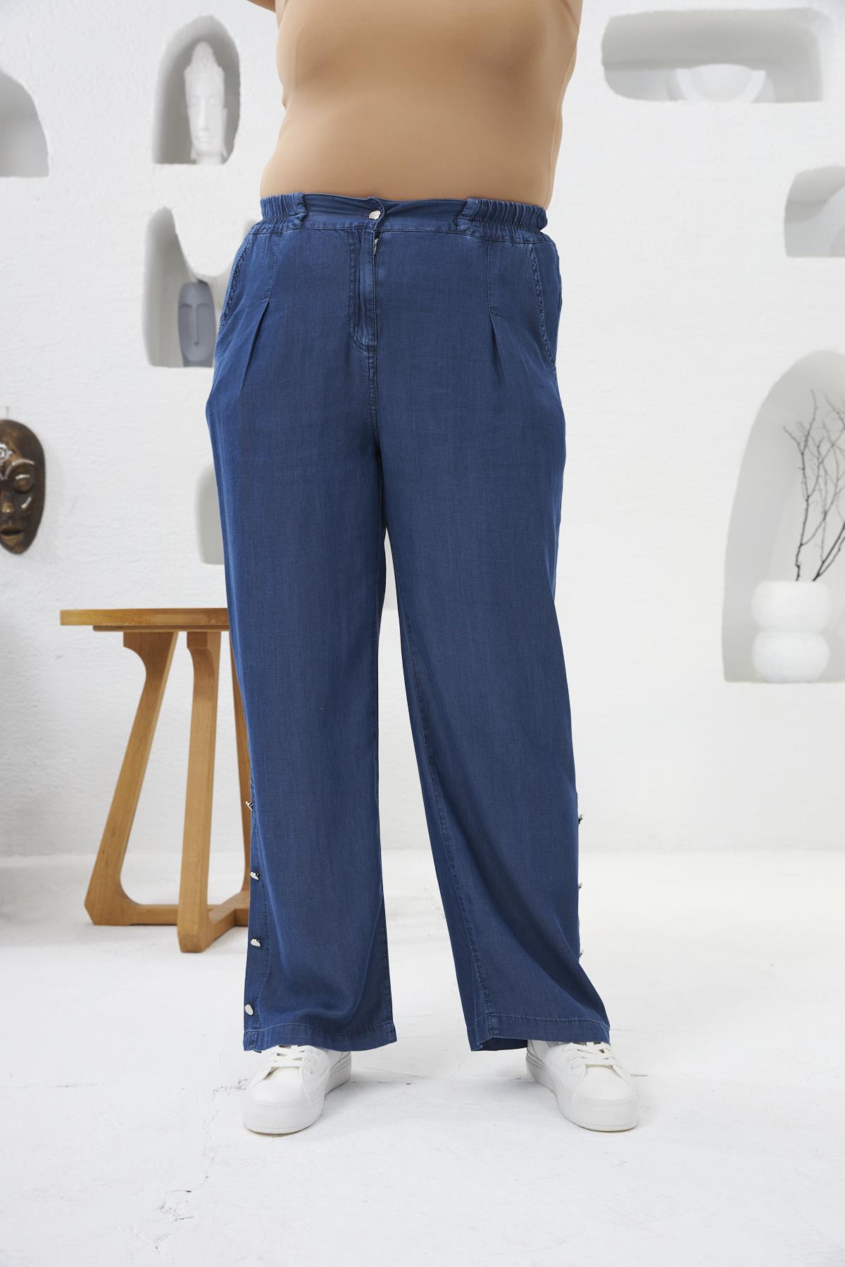 Paça Düğme Detaylı Beli Lastikli Büyük Beden Tnsel Pantolon Mavi