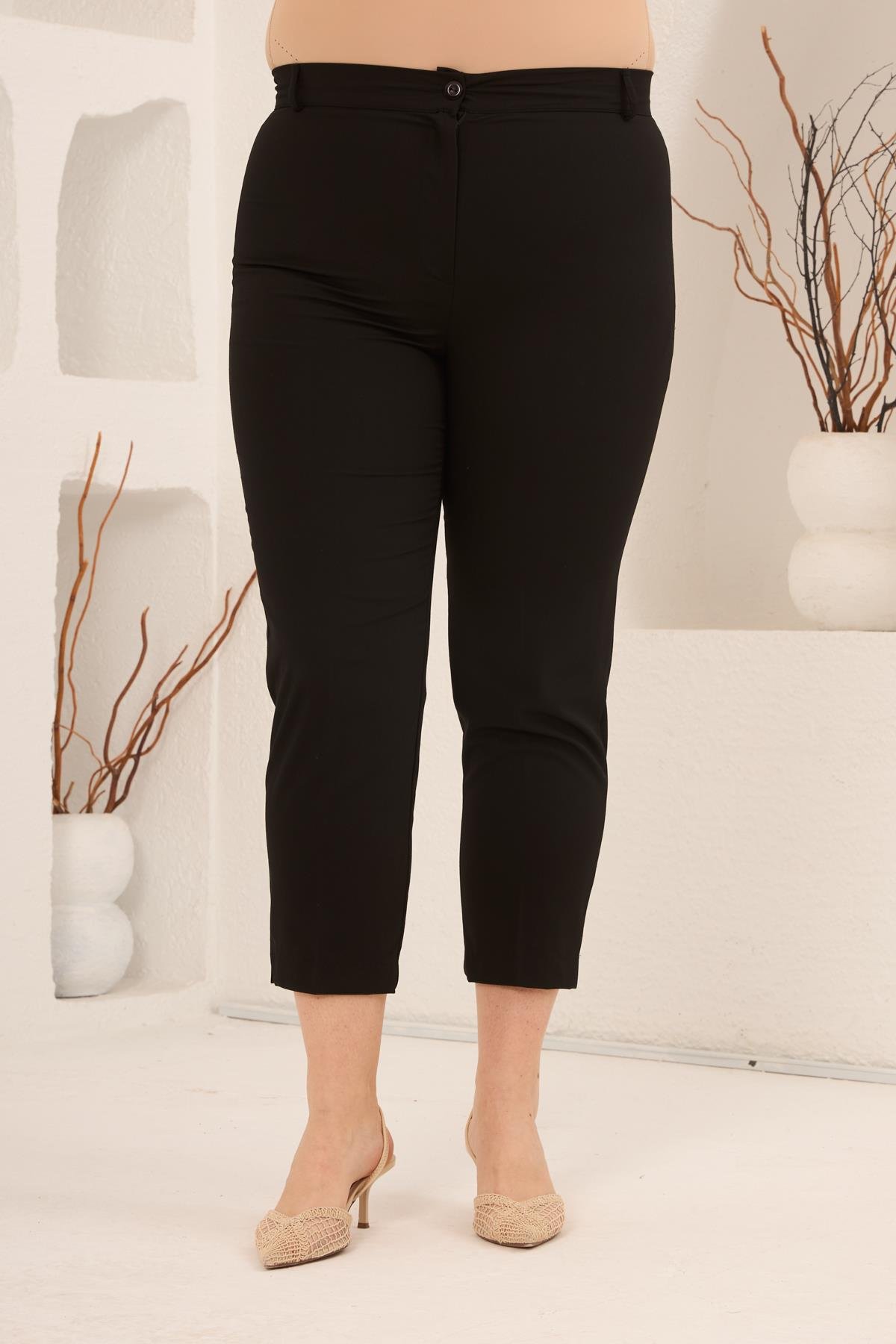 Paça Yırtmaçlı Büyük Beden Gabardin Pantolon Siyah - RMG