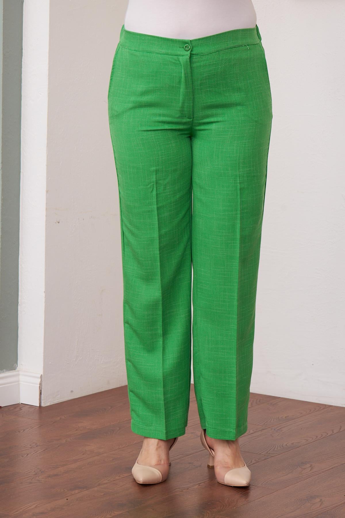 Beli Lastikli Bol Paça Büyük Beden Yeşil Kumaş Pantolon
