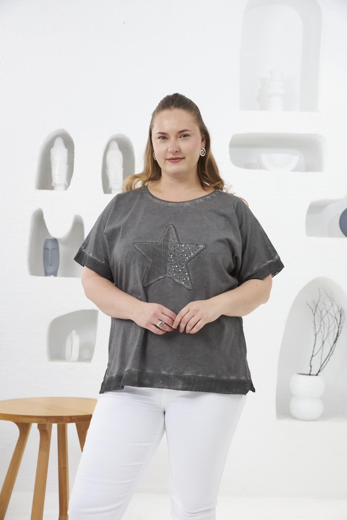 Pul Payet İşlemeli Büyük Beden Boyamalı Tişört Füme