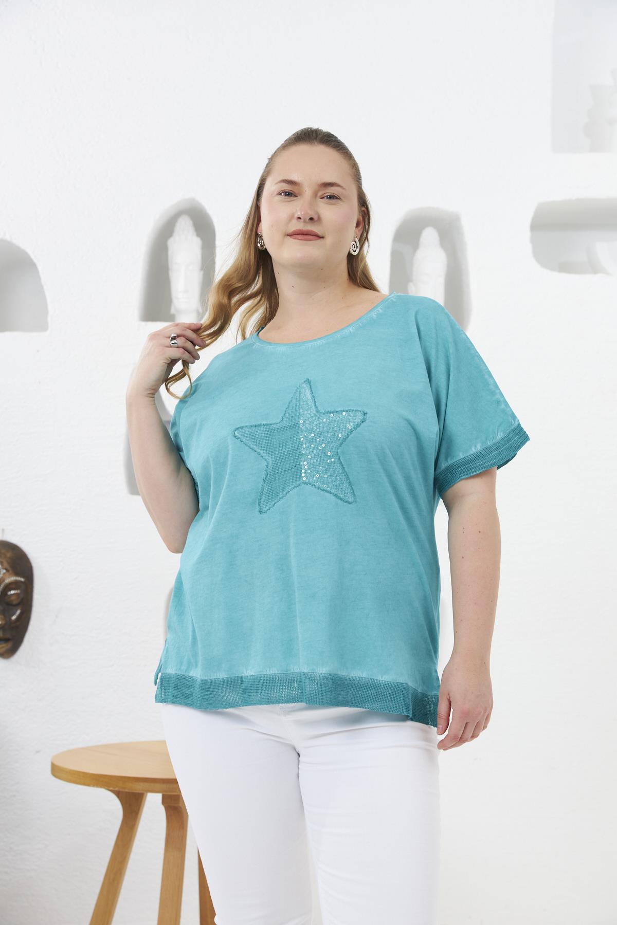 Pul Payet İşlemeli Büyük Beden Boyamalı Tişört Turkuaz