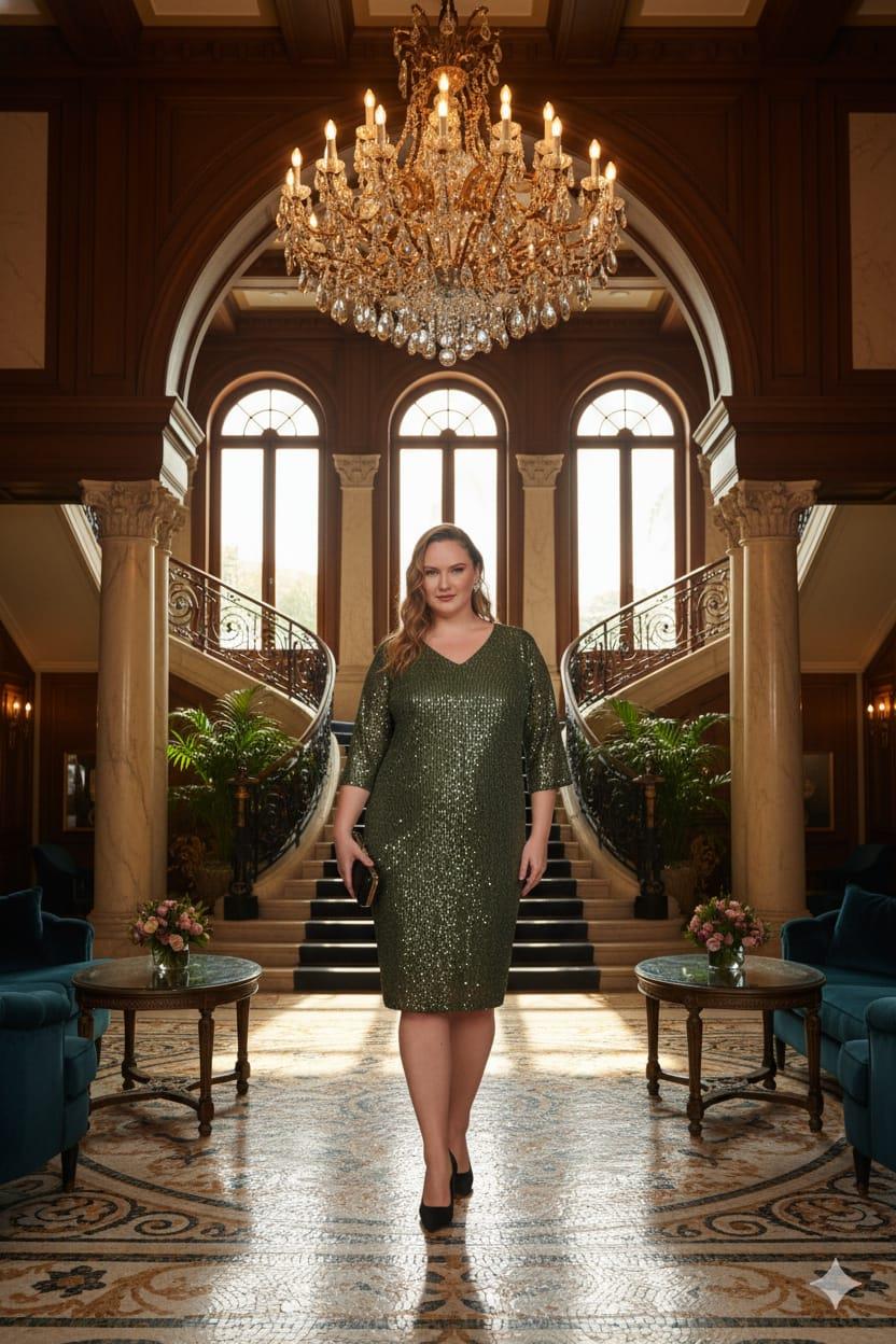 Pul Payetli Büyük Beden Abiye Elbise Haki