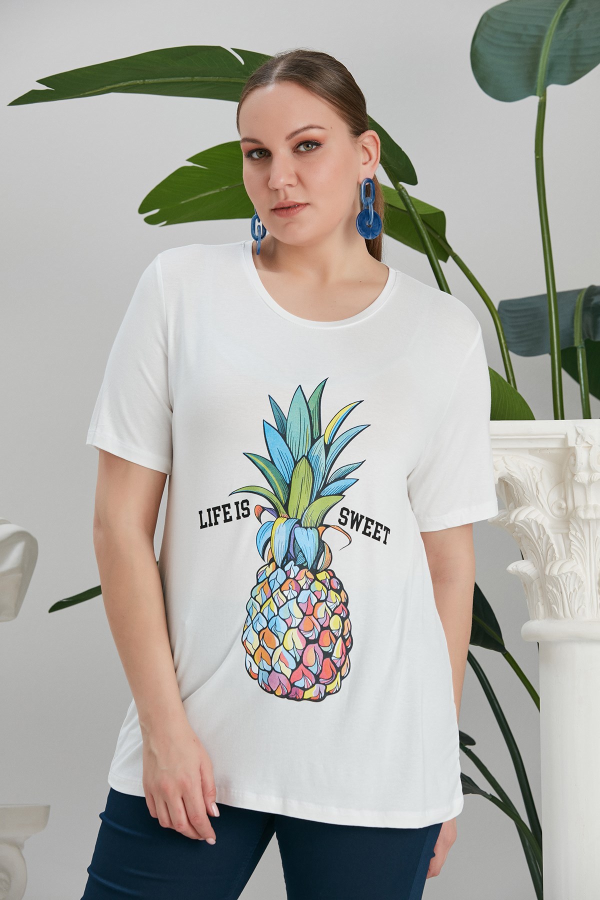 Rmg Ananas Baskılı Ekru Büyük Beden Tişört