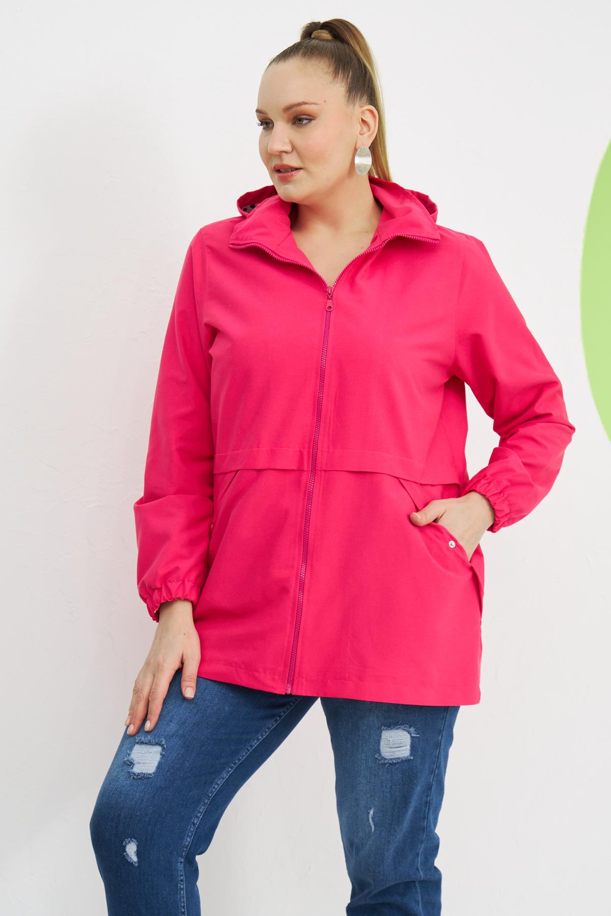 Astarı Leopar Desenli Büyük Beden Fuşya Trençkot