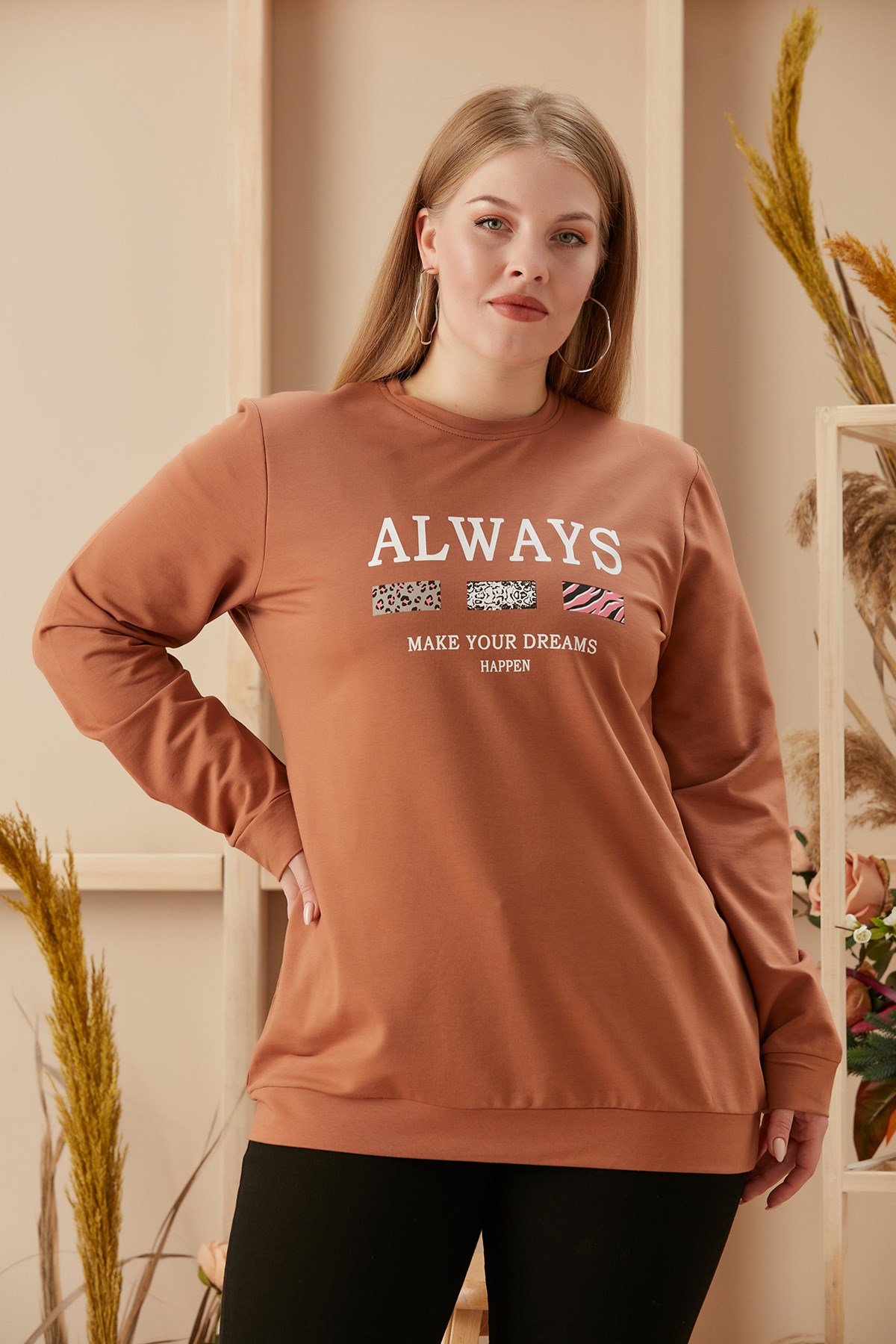 Rmg Baskılı Büyük Beden Camel Sweatshirt