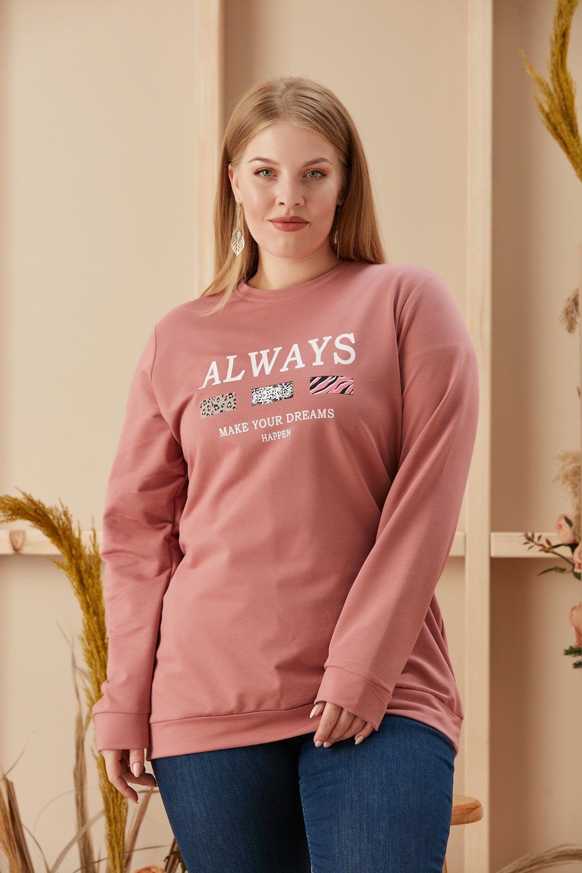 Rmg Baskılı Büyük Beden Gül Kurusu Sweatshirt