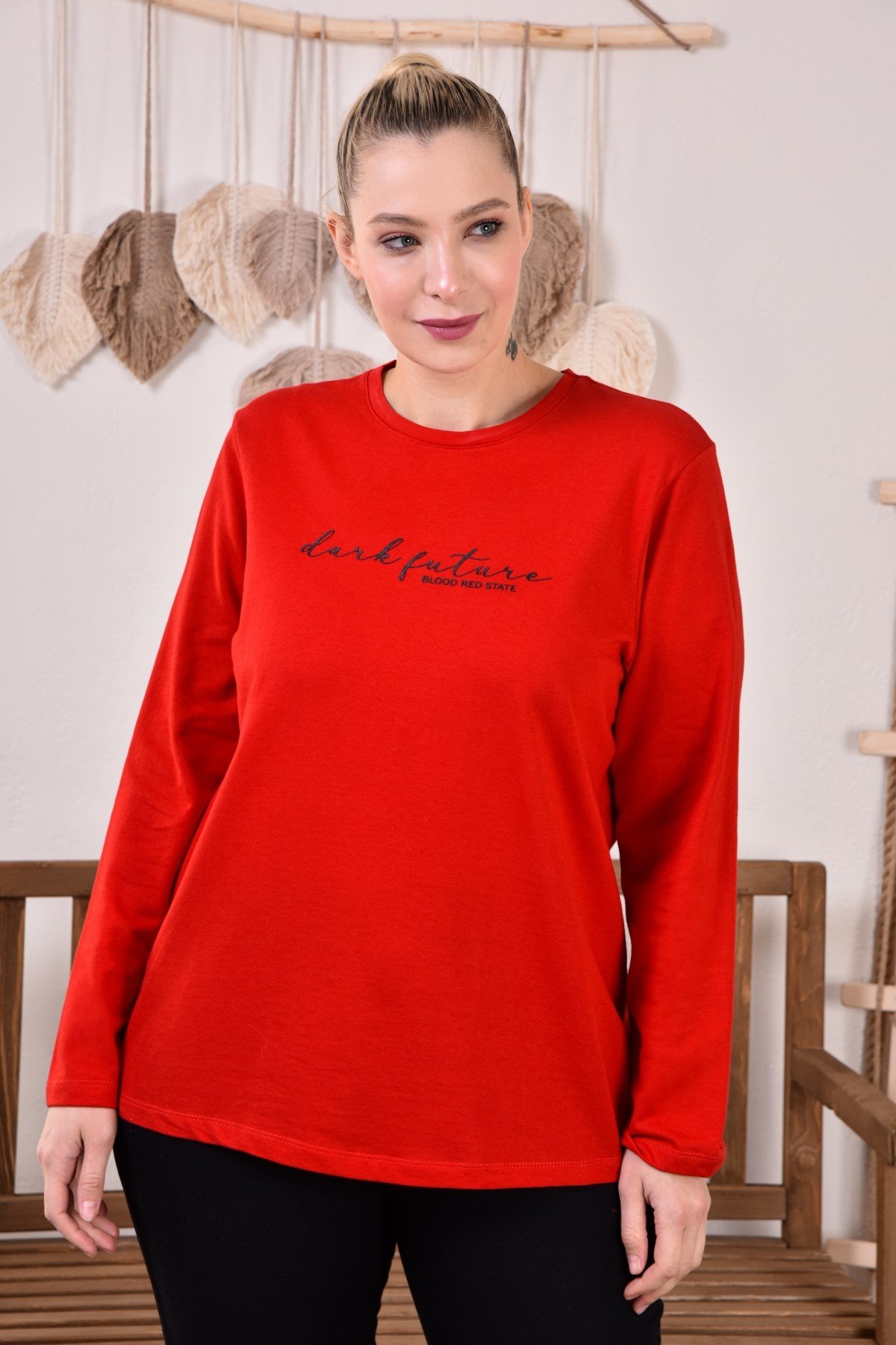 Rmg Baskılı Büyük Beden Kırmızı Sweatshirt