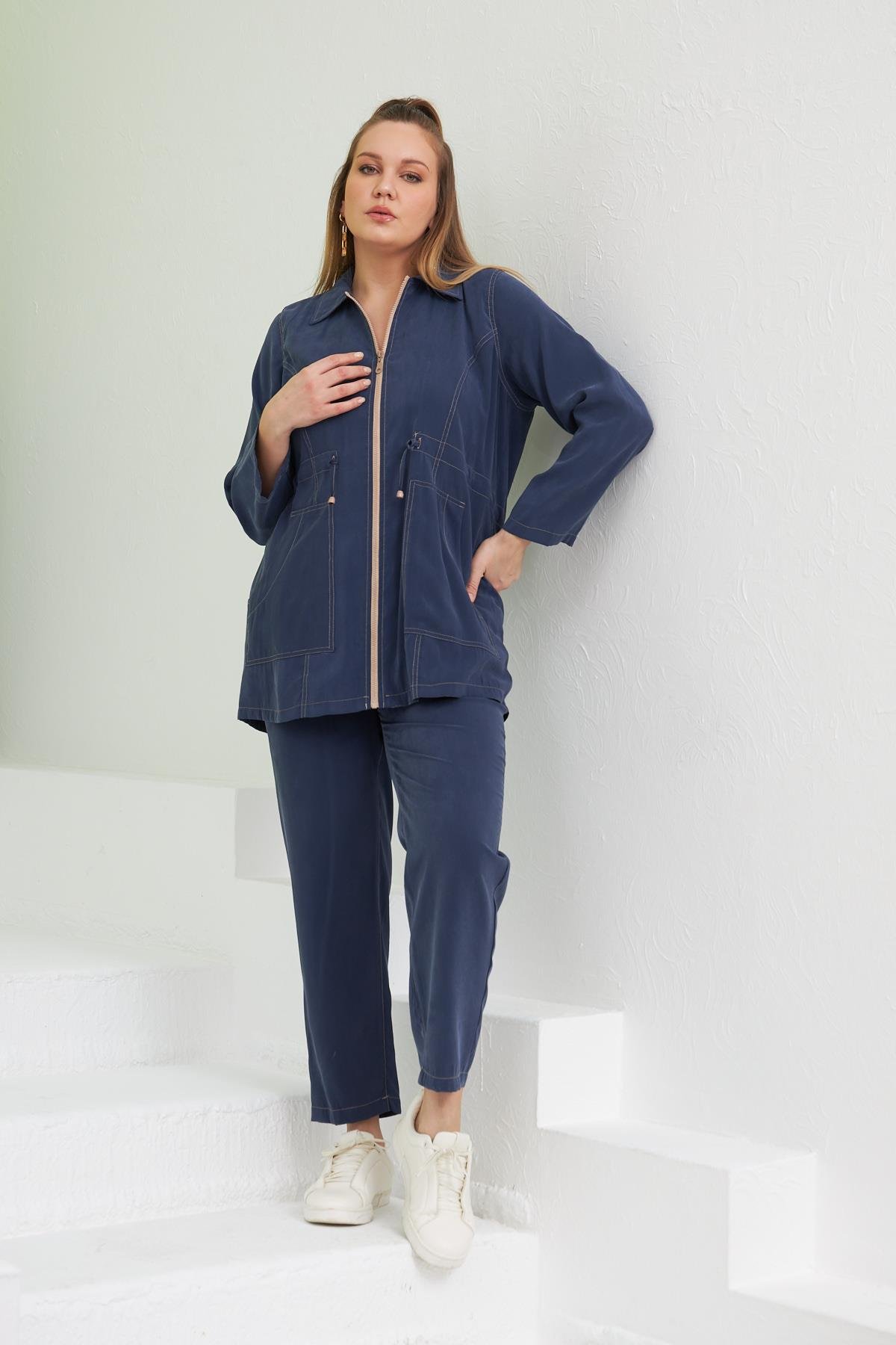 Bel Bağcık Detaylı Büyük Beden İndigo Trenç Takım