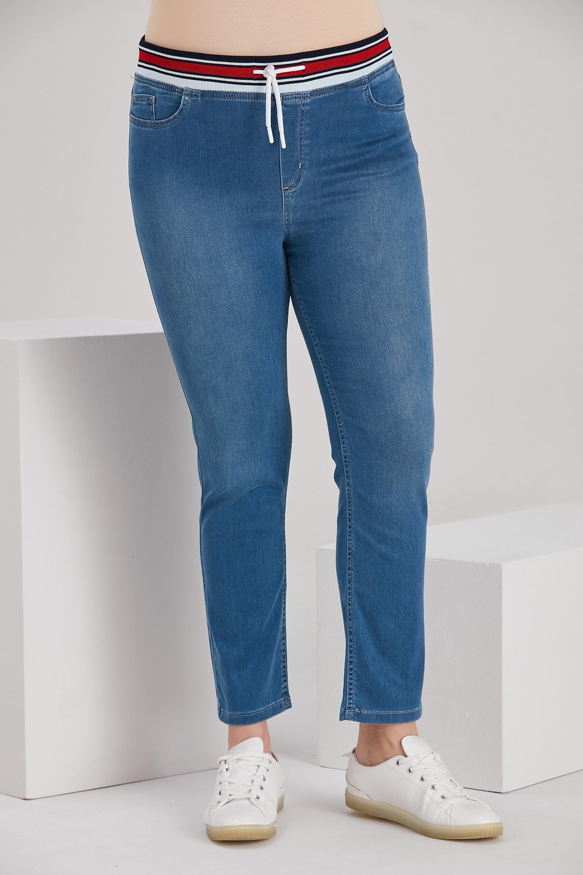 Rmg Beli Lastikli Büyük Beden Mavi Kot Pantolon
