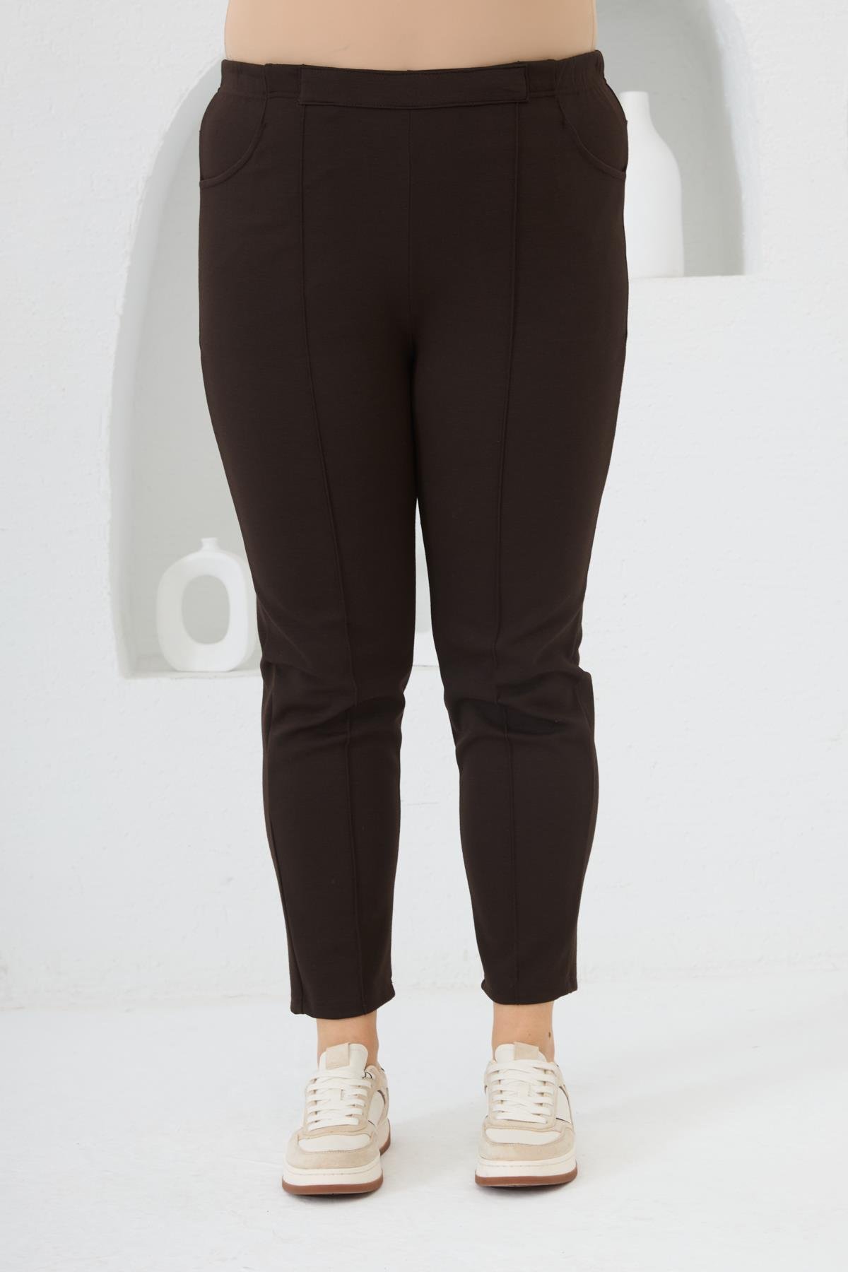 Beli Lastikli Fitilli Büyük Beden Kahve Çelik Örme Pantolon