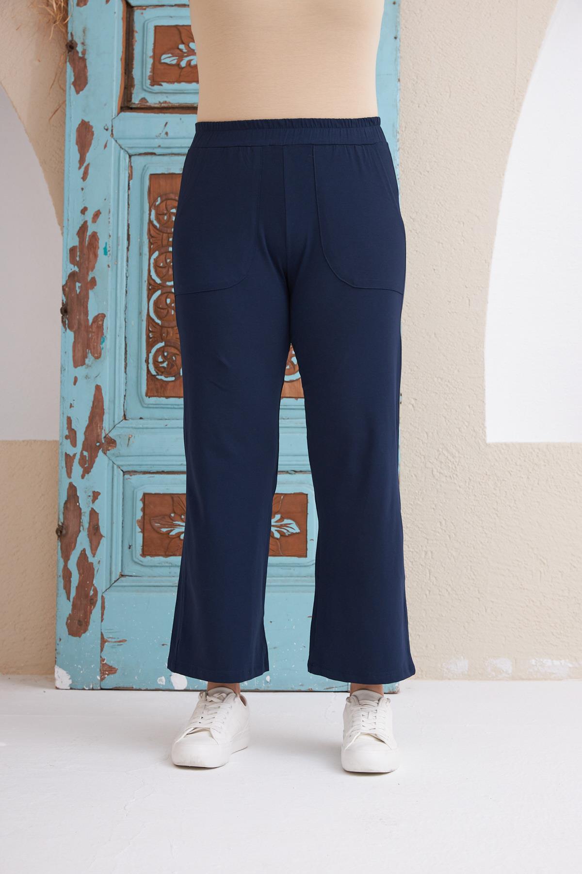 Bol Paça Büyük Beden Lacivert İnce Eşofman Altı