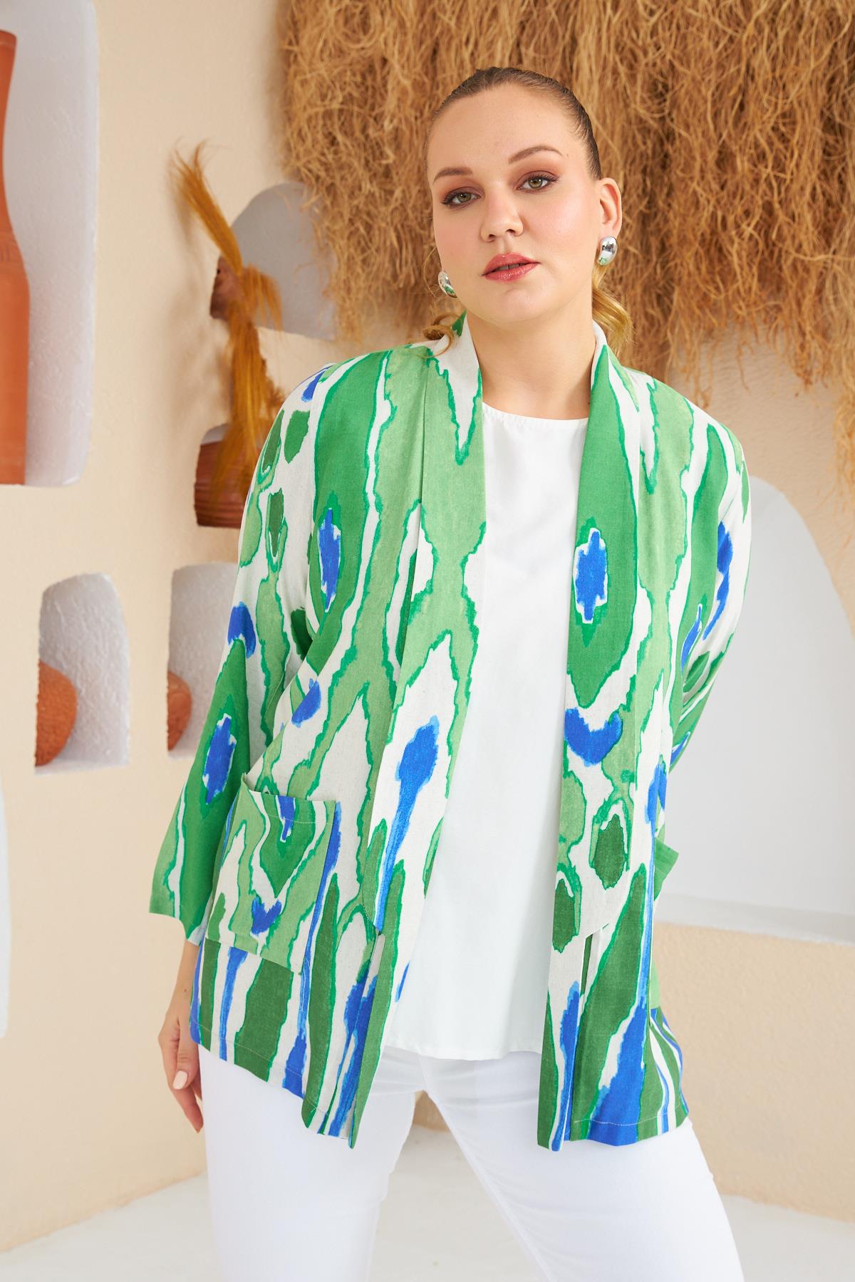 Büyük Beden Desenli İndigo Ceket