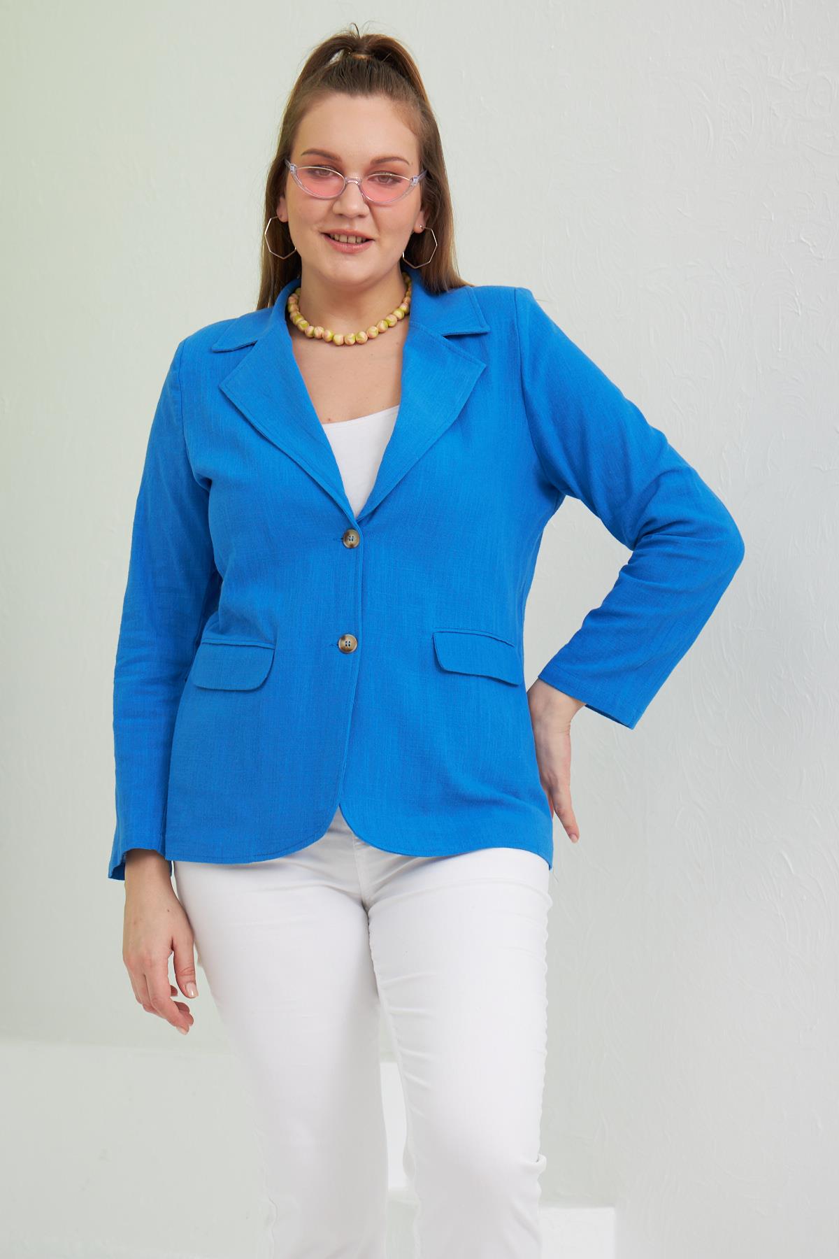 Büyük Beden Saks Keten Ceket