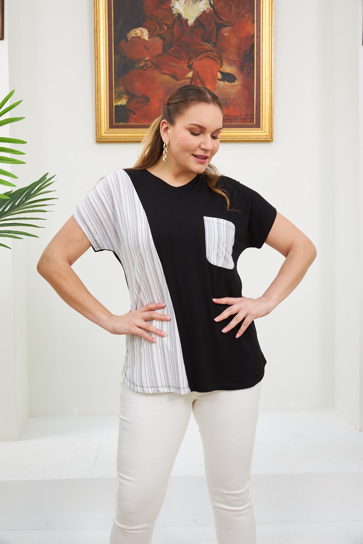 Cep Ve Kol Garnili Büyük Beden Siyah Tişört