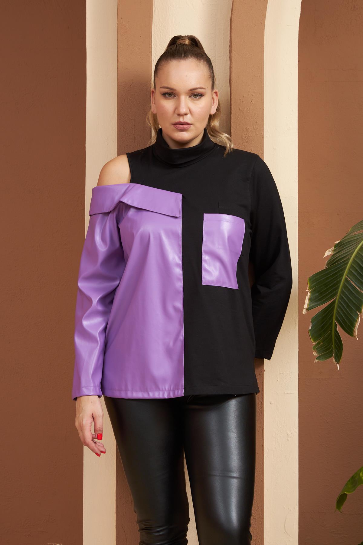 Deri Garnili Mor Büyük Beden Sweatshirt