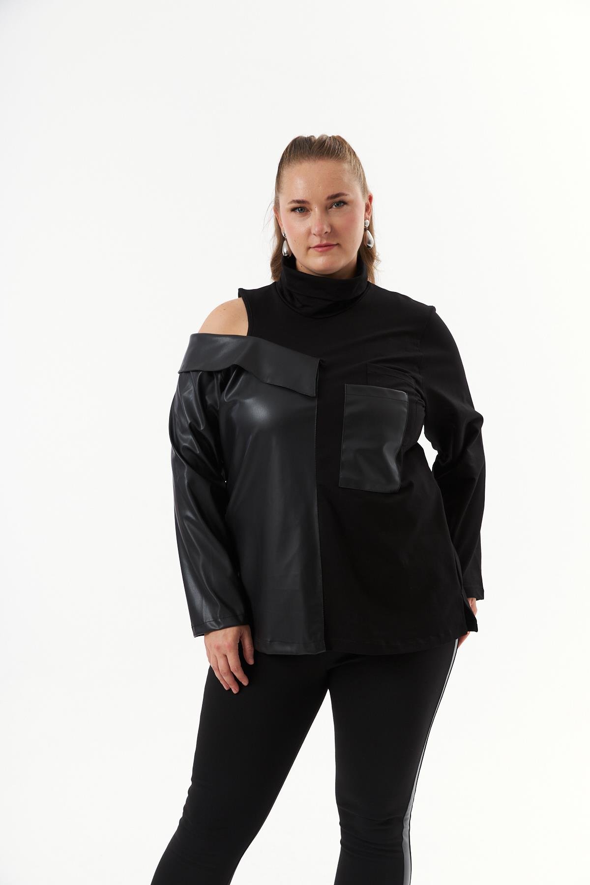 Deri Garnili Siyah Büyük Beden Sweatshirt