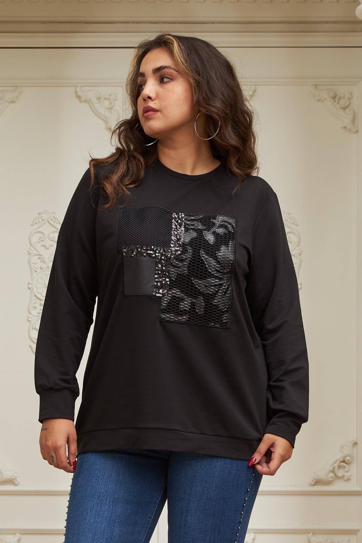 Deri ve Pul Payet Detaylı Büyük Beden Siyah Sweatshirt