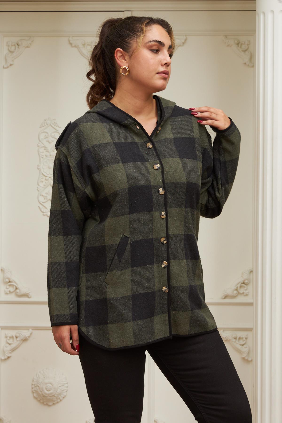 Ekose Büyük Beden Cepli Haki Gömlek