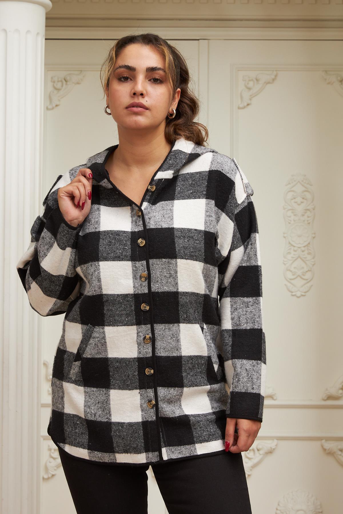 Ekose Büyük Beden Cepli Siyah Gömlek