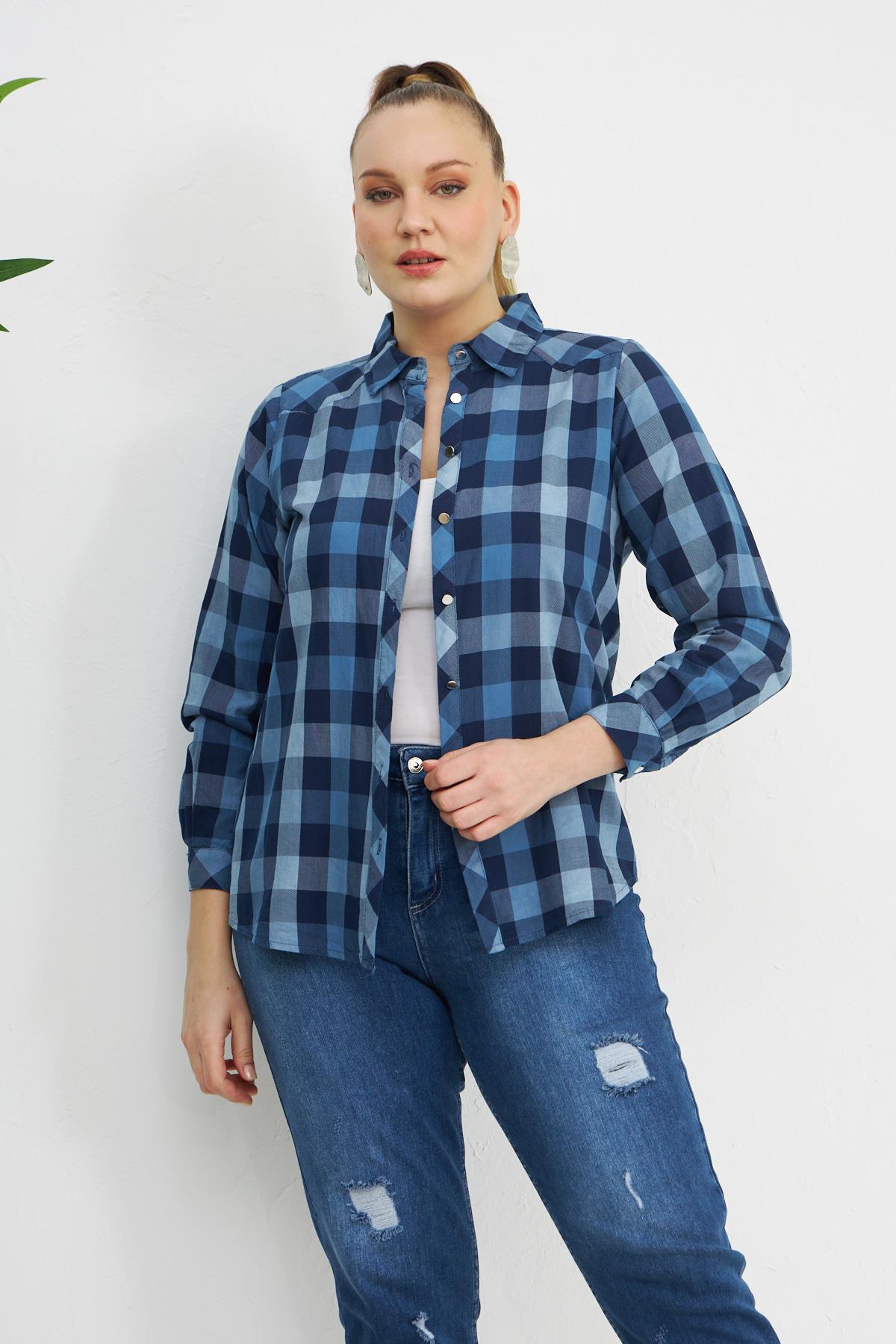 Ekose Büyük Beden İndigo Pamuk Gömlek