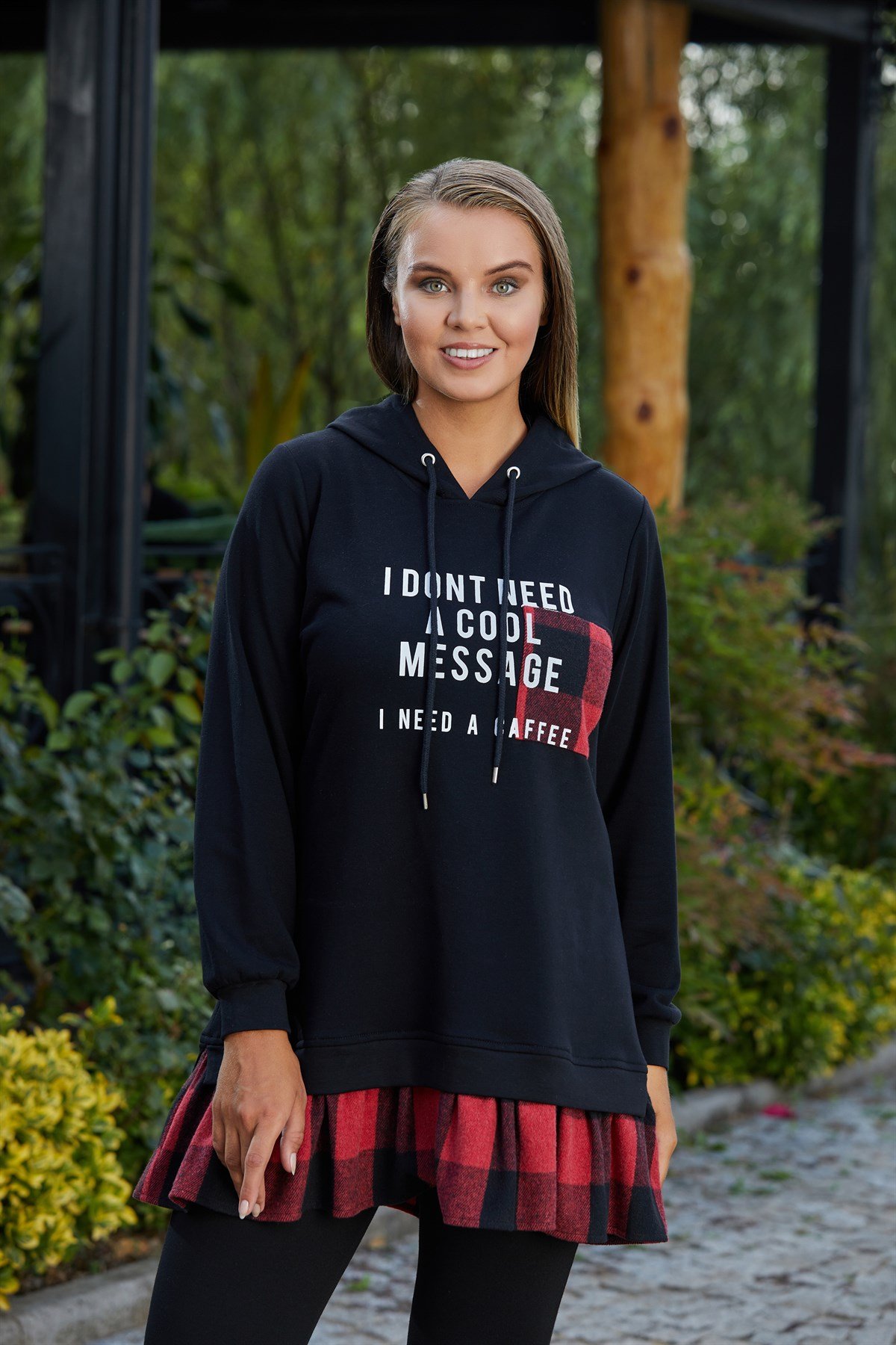 Rmg Etek ve Cep Ekose Detaylı Baskılı Siyah Büyük Beden Sweatshirt