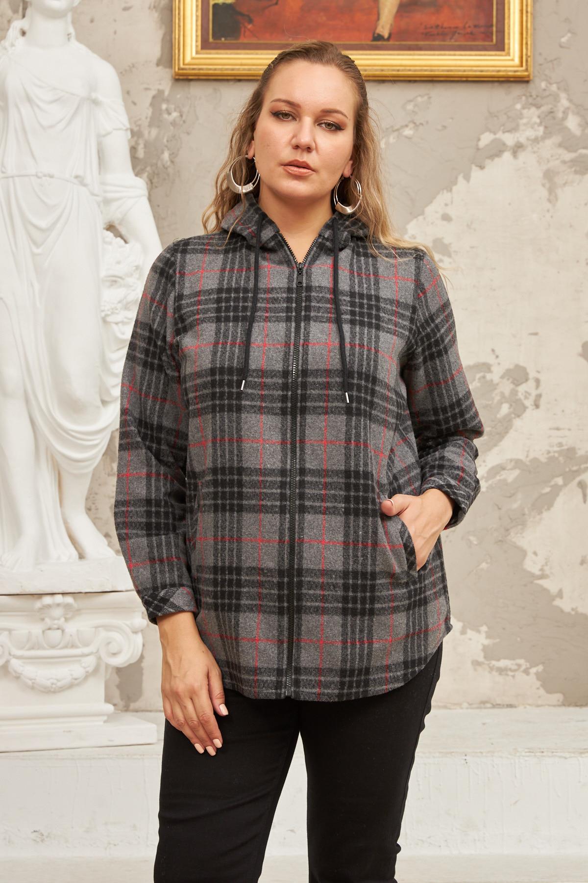 Fermuar Detaylı Büyük Beden Füme Ekose Gömlek