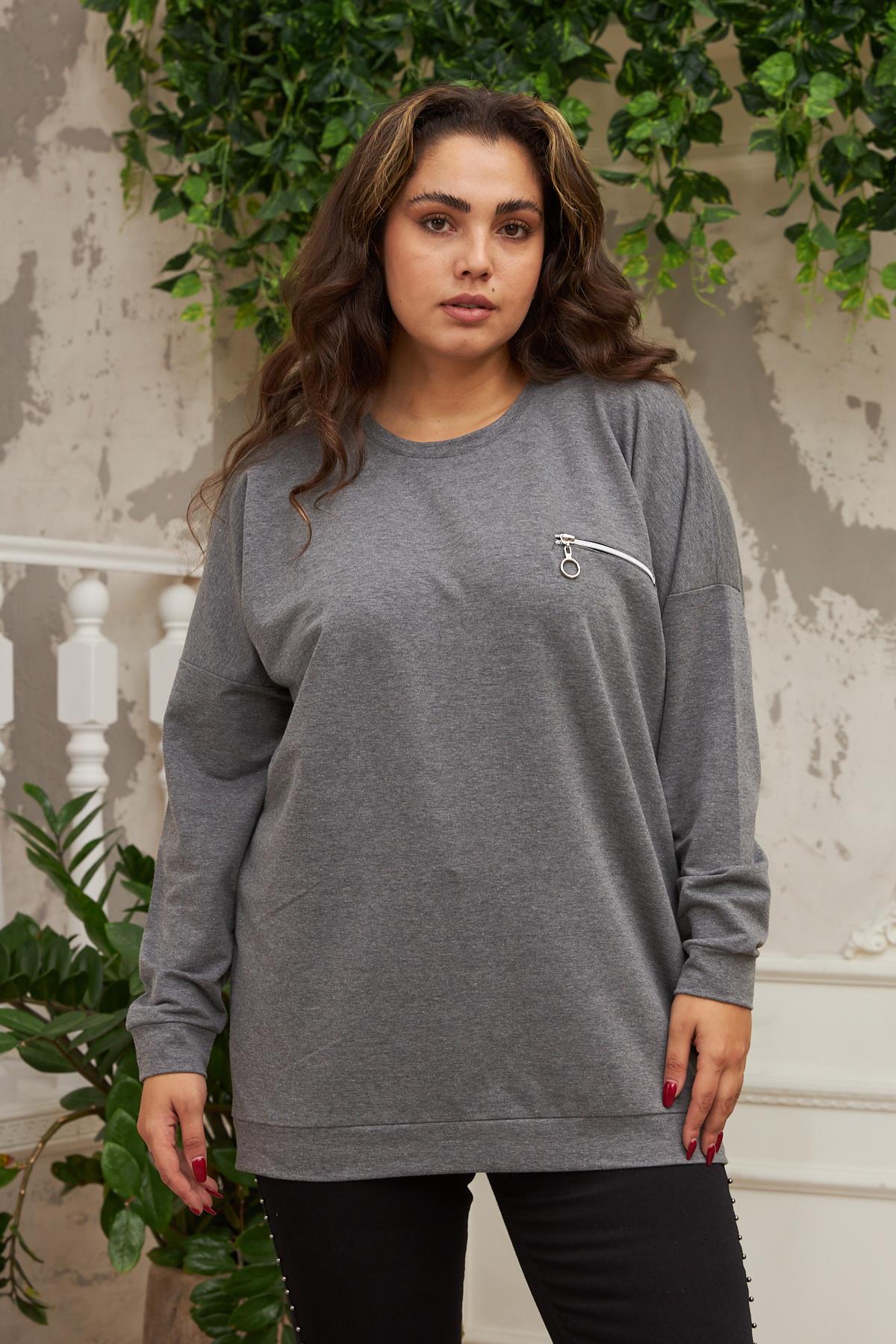 Rmg Fermuar Detaylı Büyük Beden Füme Sweatshirt