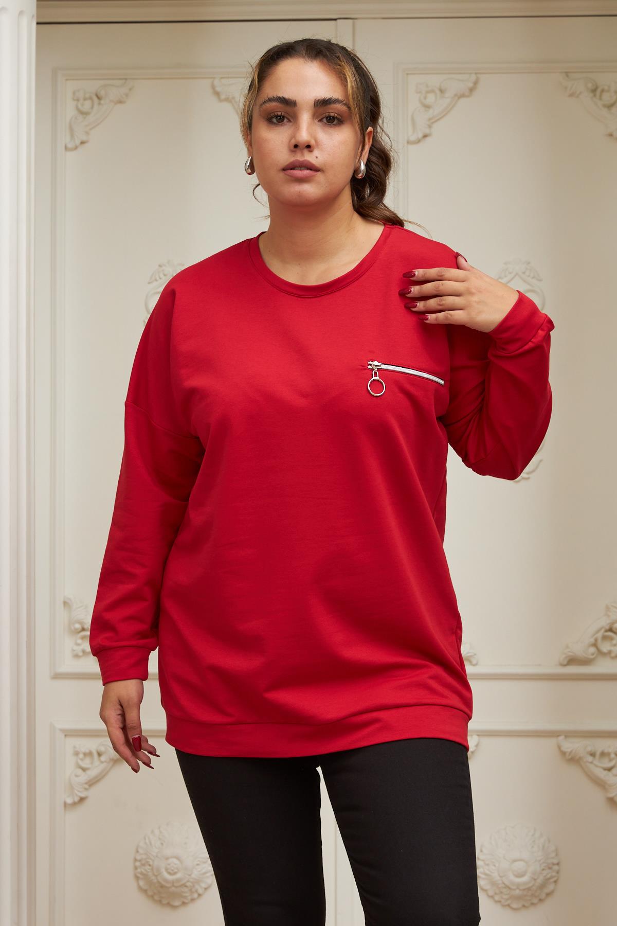 Fermuar Detaylı Büyük Beden Kırmızı Sweatshirt