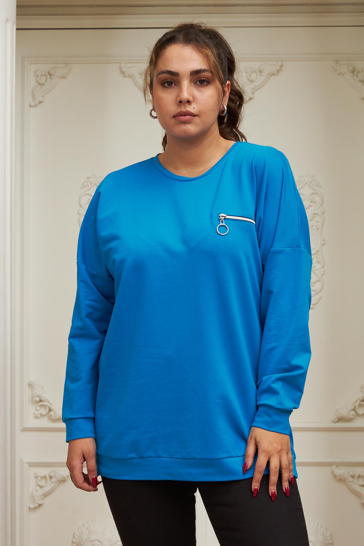 Fermuar Detaylı Büyük Beden Saks Sweatshirt