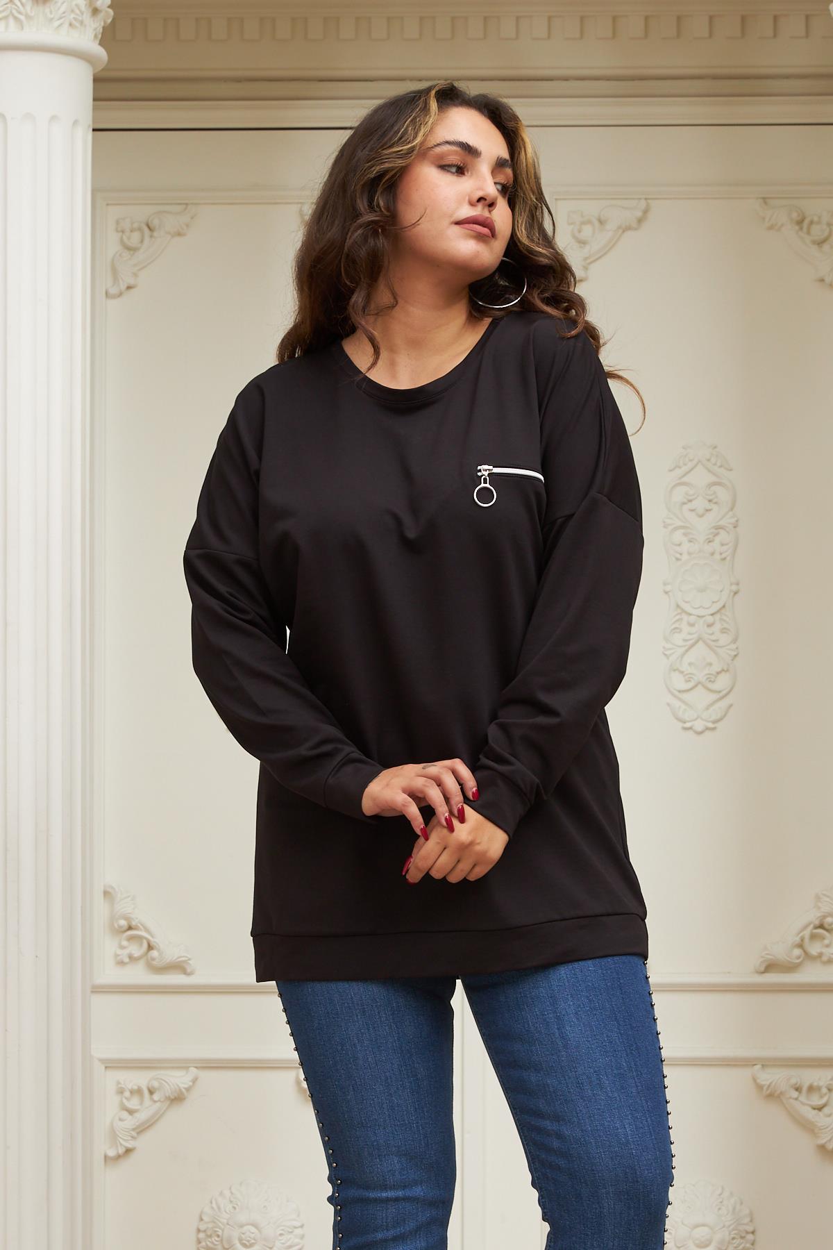 Fermuar Detaylı Büyük Beden Siyah Sweatshirt