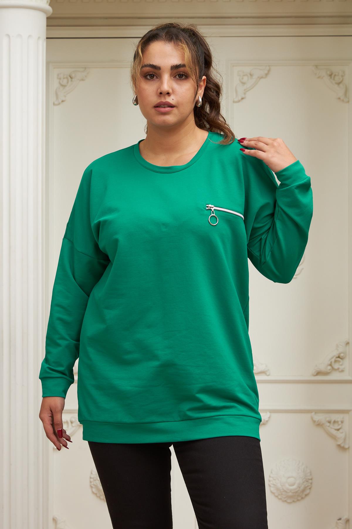 Fermuar Detaylı Büyük Beden Yeşil Sweatshirt