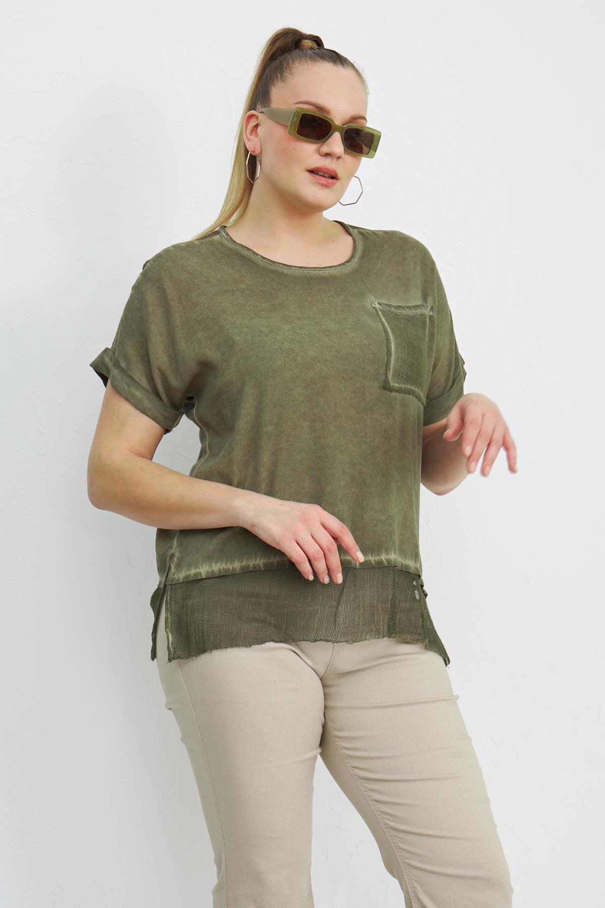 File Detaylı Büyük Beden Haki Bluz