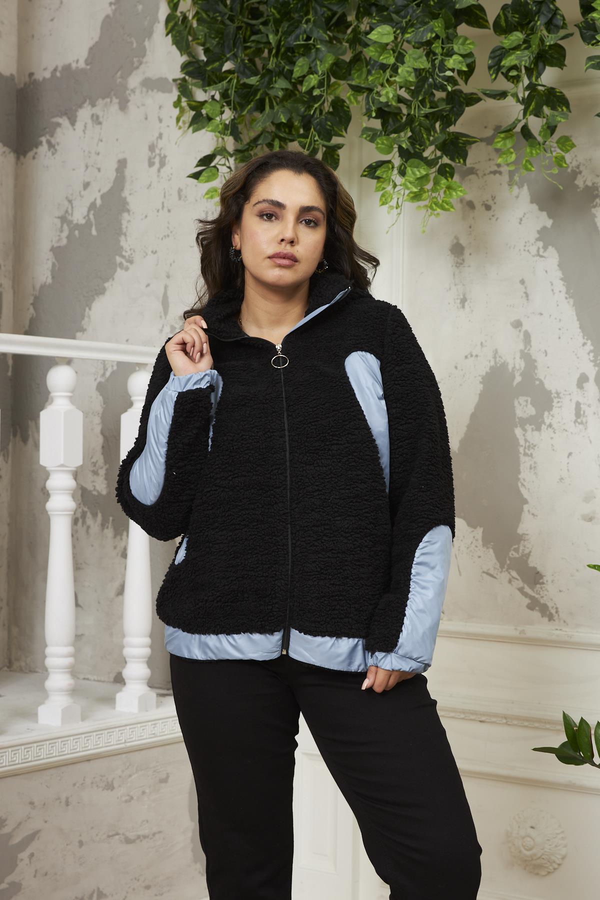 Garnili Büyük Beden Kıvırcık Siyah Mont