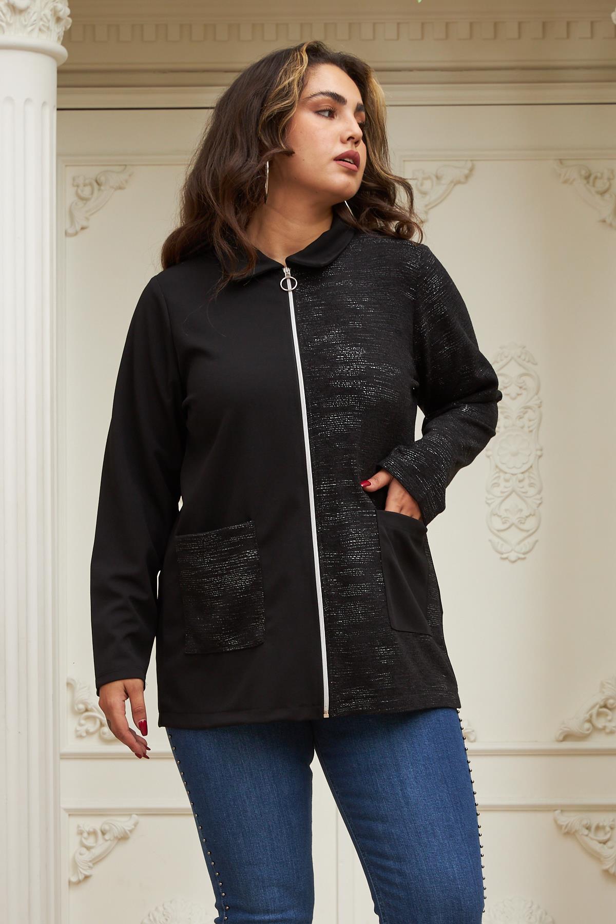 Garnili Büyük Beden Siyah Ceket