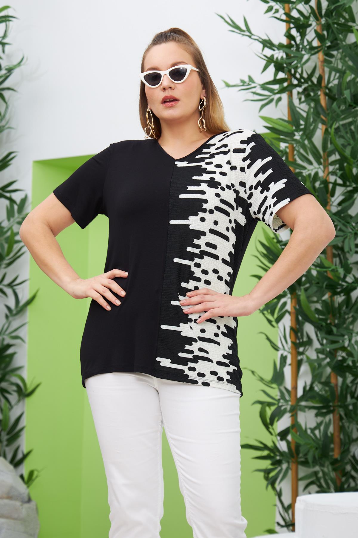 Garnili Büyük Beden Siyah Tişört