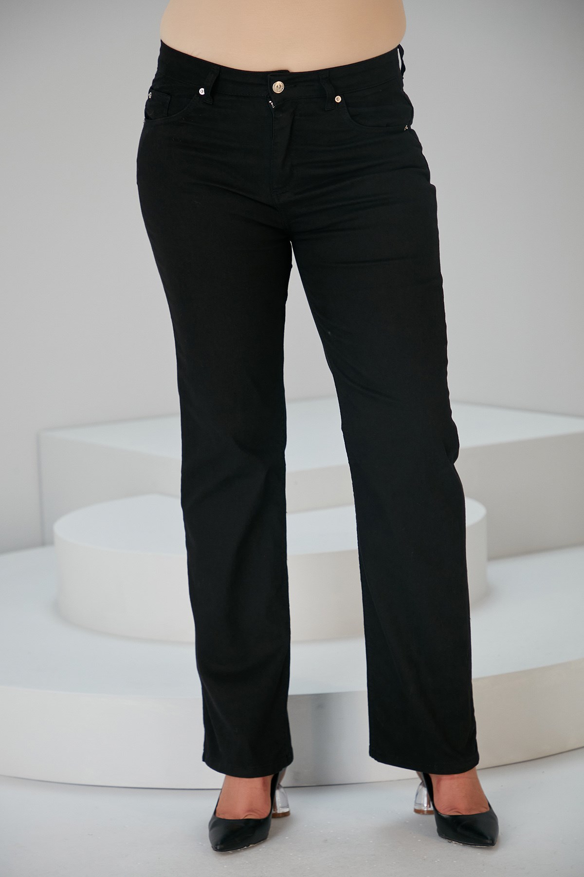 Boru Paça Büyük Beden Siyah Pamuk Pantolon