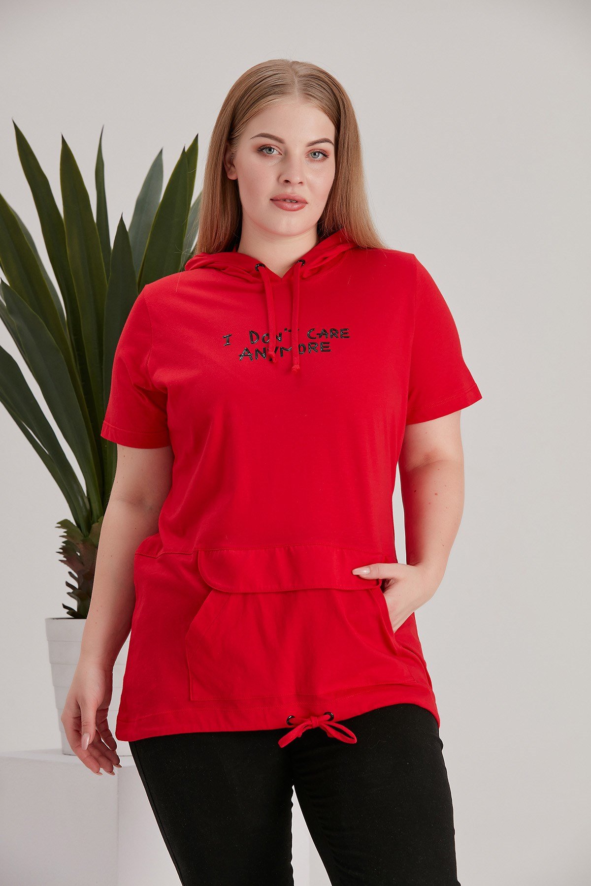 Rmg Kanguru Cepli Kapşonlu Büyük Beden Kırmızı Tişört