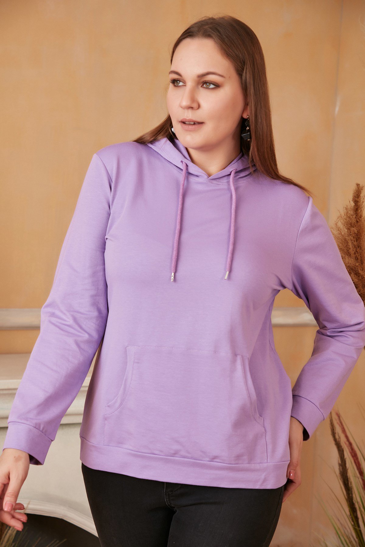 Rmg Kapşonlu Büyük Beden Eflatun Sweatshirt