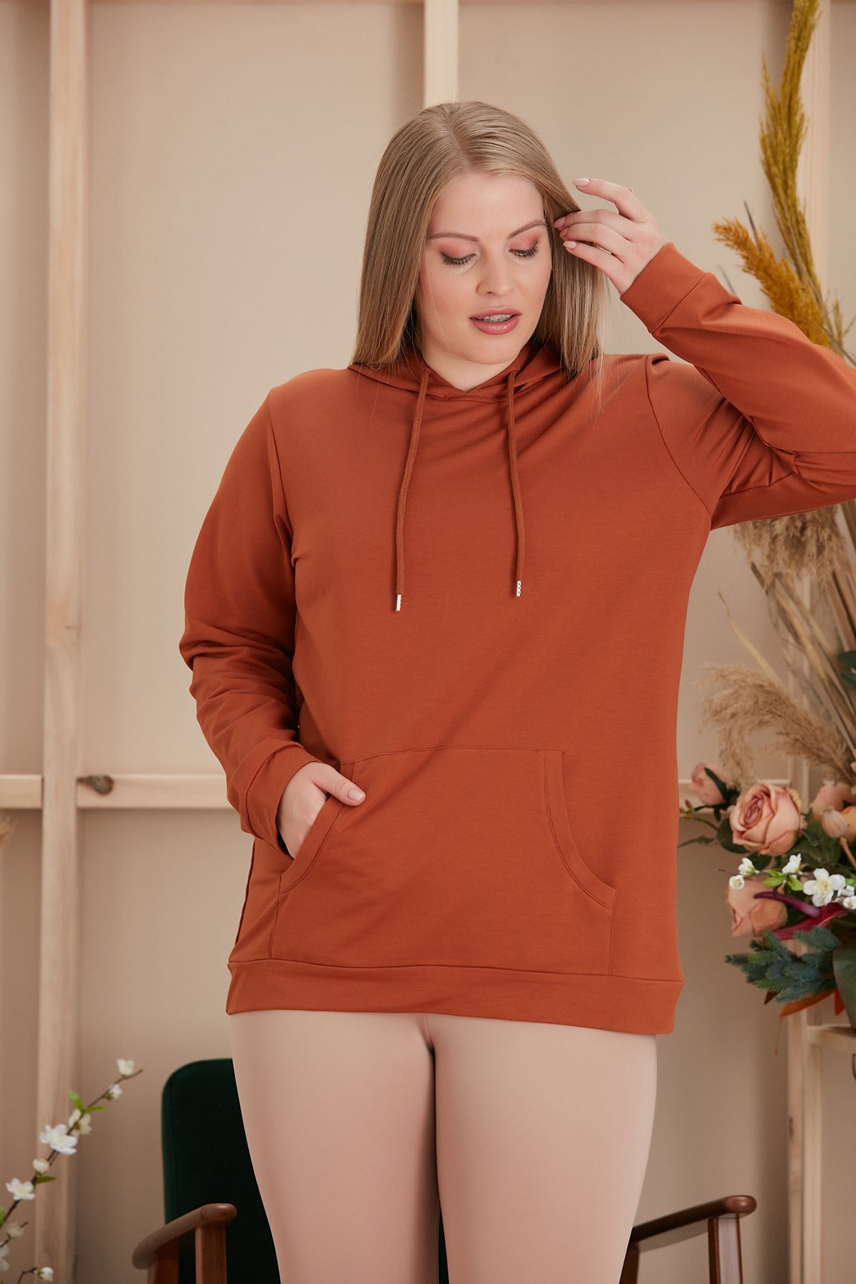 Rmg Kapşonlu Büyük Beden Kiremit Sweatshirt