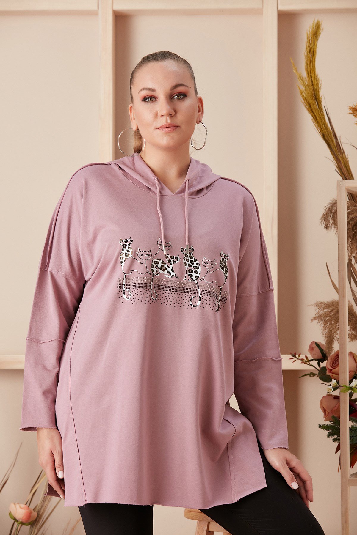Rmg Kedi Figürlü Taş İşlemeli Büyük Beden Gülkurusu Sweatshirt