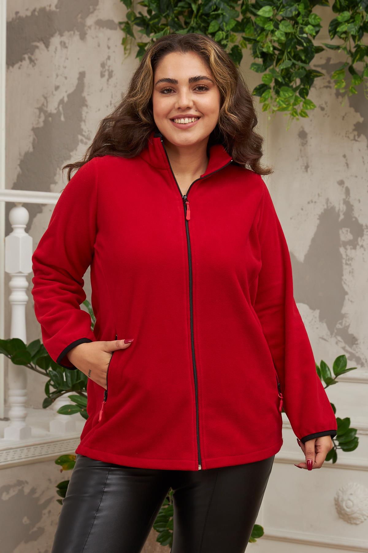 Kol Biye Detaylı Büyük Beden Kırmızı Polar