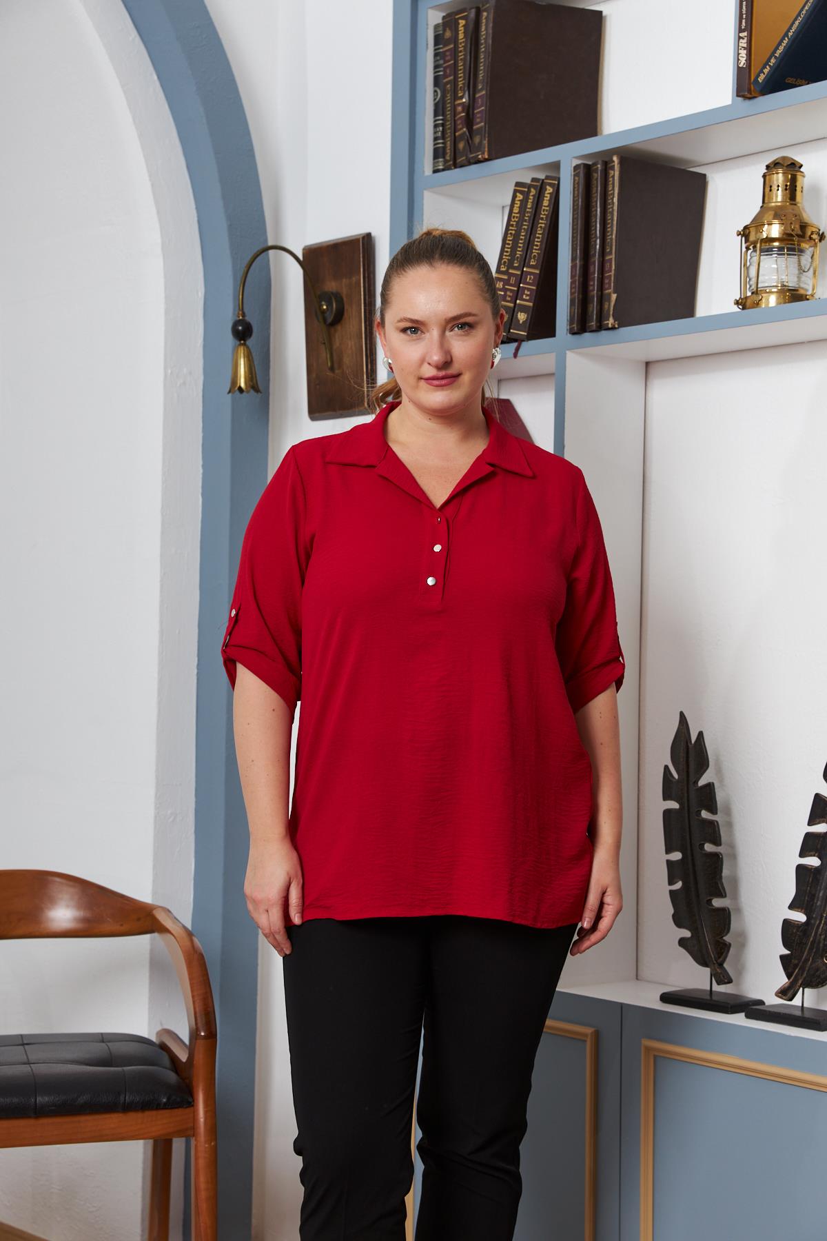 Kol Detaylı Büyük Beden Gömlek Yaka Bordo Bluz