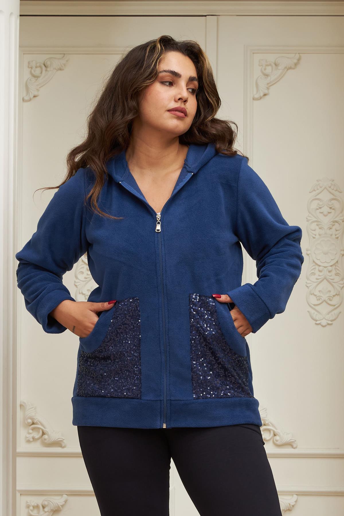 Kol Ve Cep Pul Payet İşlemeli Büyük Beden İndigo Hırka