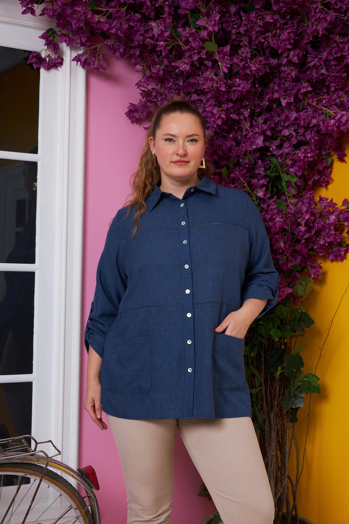 Kol Ve Kroşeta Detaylı Büyük Beden İndigo Gömlek