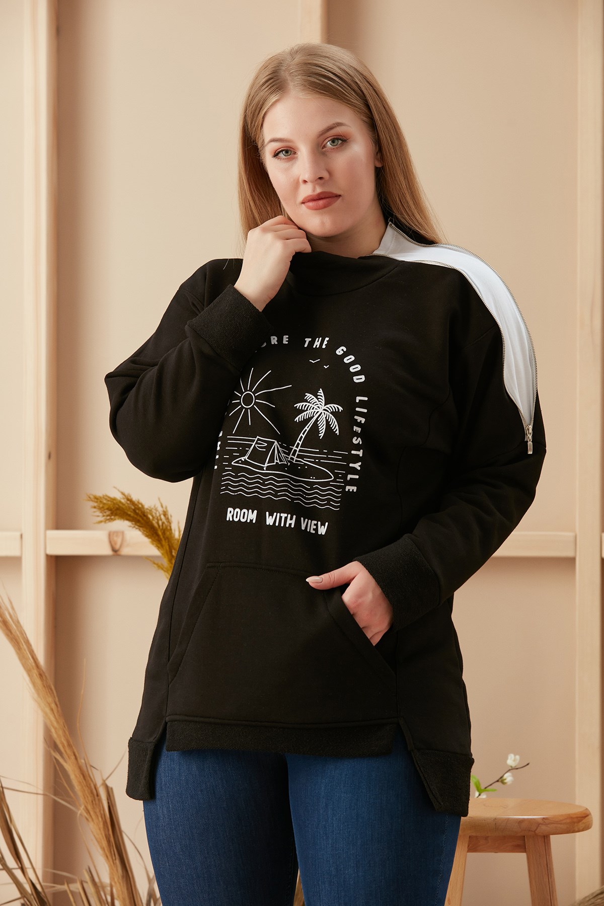 Rmg Omuz Fermuar Detaylı Baskılı Büyük Beden Siyah Sweatshirt