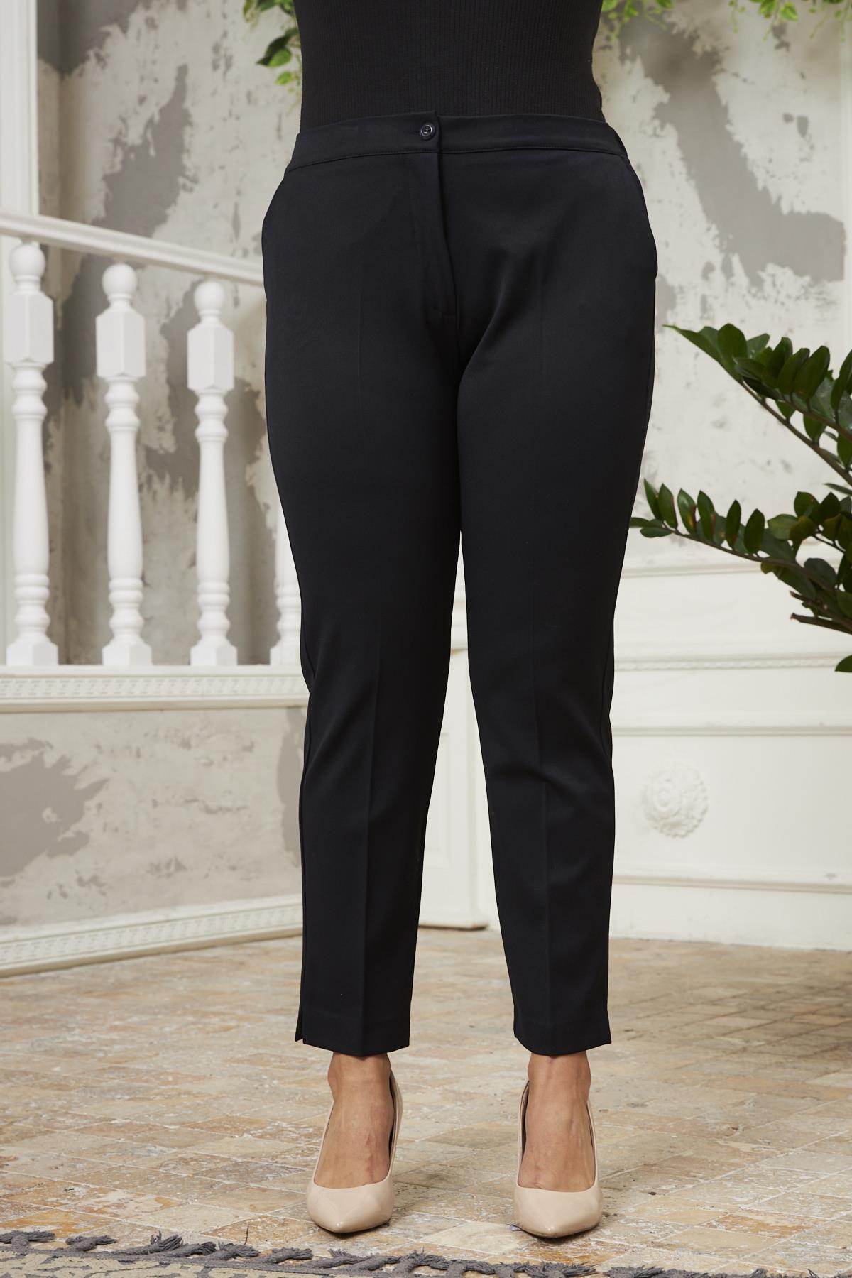 Paça Yırtmaç Detaylı Büyük Beden Gabardin Lacivert Pantolon